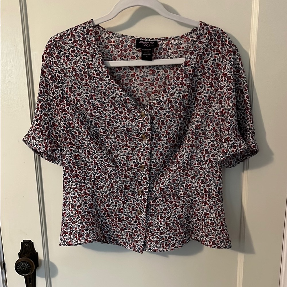 Floral flounce sleeve peplum blouse button front